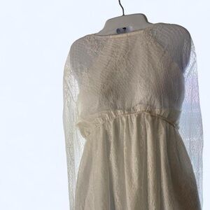 Elegant White Lace Babydoll Top with Sheer Sleeves and Tie Up back XXL